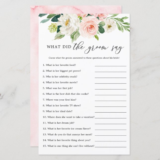 Blush Floral What Did The Groom Say Game Cards (Front/Back)