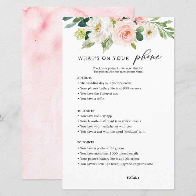 Blush Floral What's On Your Phone Bridal Shower (Front/Back)
