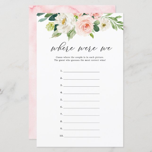 Blush Floral Where Were We Guess Game Cards (Front/Back)