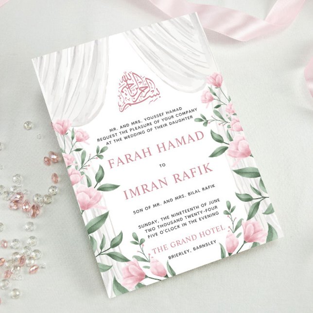 Blush Floral White Curtain Muslim Islamic Wedding Invitation (Creator Uploaded)