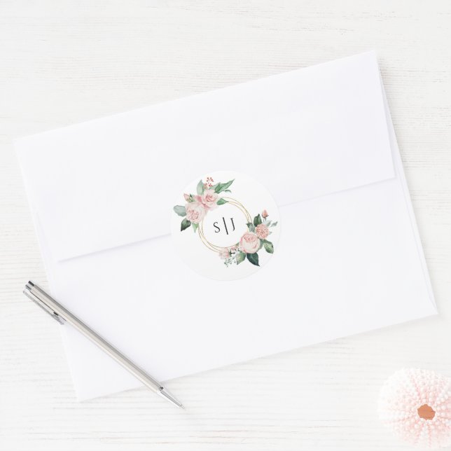 Blush Floral White Monogram Wedding Sticker (Envelope)