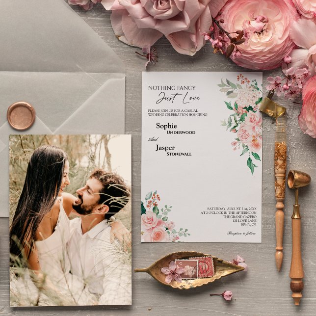 Blush Floral White Nothing Fancy Photo Wedding Invitation (Creator Uploaded)