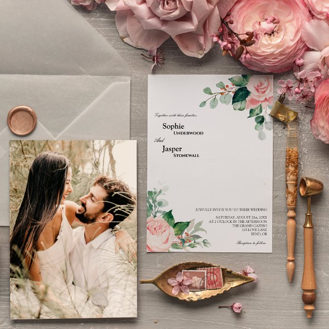 Blush Floral White Photo Wedding Invitation (Creator Uploaded)