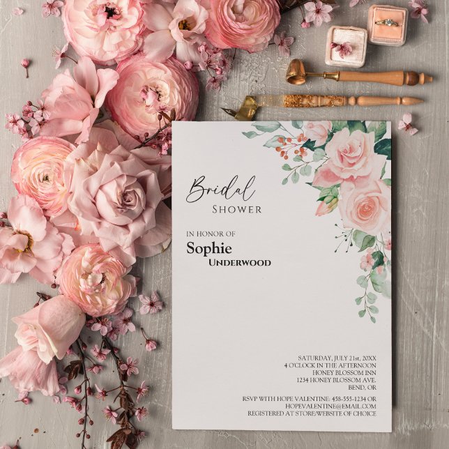 Blush Floral White Wedding Bridal Shower Invitation (Creator Uploaded)