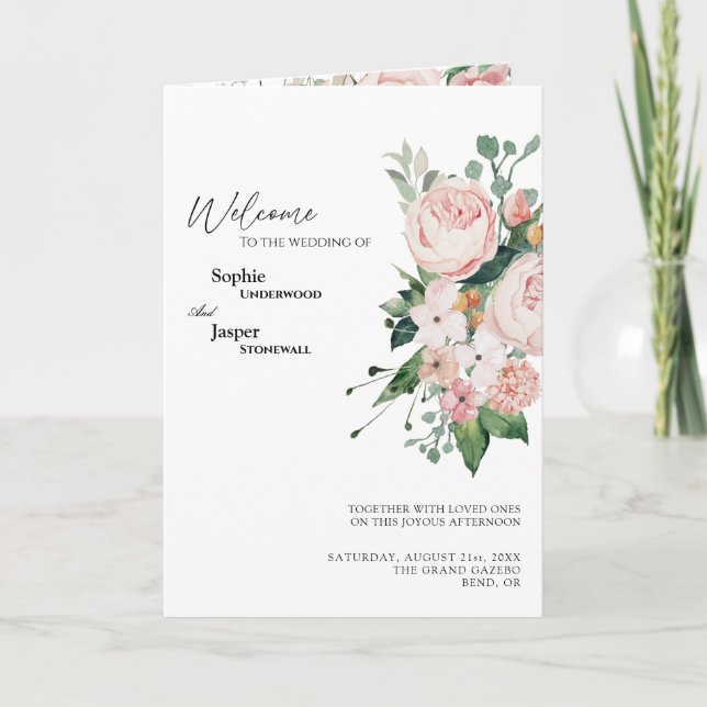 Blush Floral White Wedding Folded Program Programme (Front)