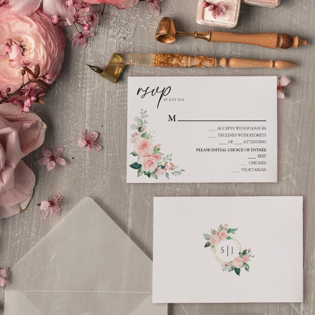 Blush Floral White Wedding Menu RSVP Card (Creator Uploaded)