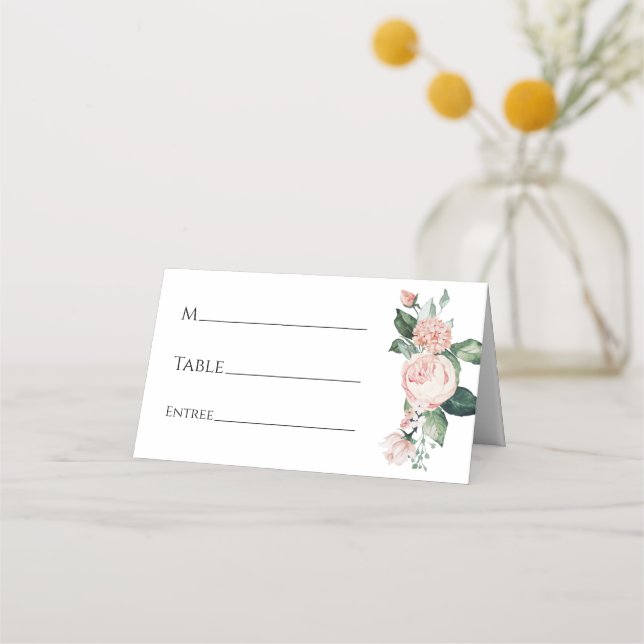 Blush Floral White Wedding Place Card (Front)