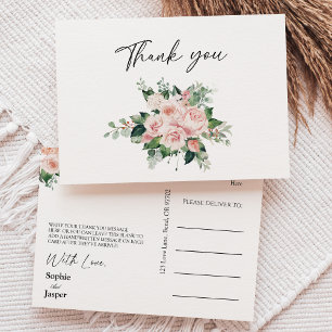 Blush Floral White Wedding Thank You Postcard