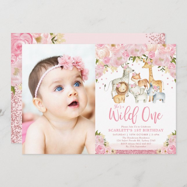Blush Floral Wild Safari Animals Girl 1st Birthday Invitation (Front/Back)