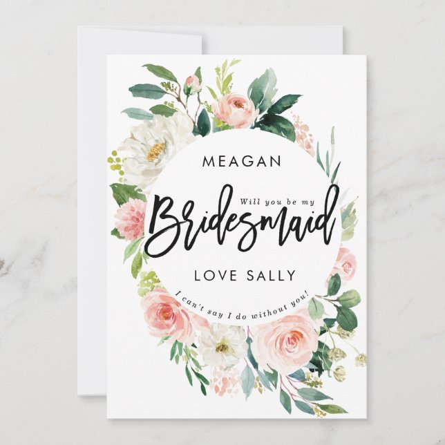 blush floral will you be my bridesmaid card (Front)