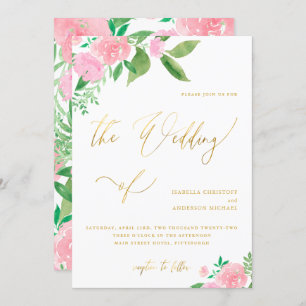 Blush Floral with Faux Gold Calligraphy Wedding Invitation