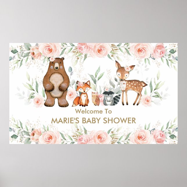 Blush Floral Woodland Animal Baby Shower Welcome  Poster (Front)
