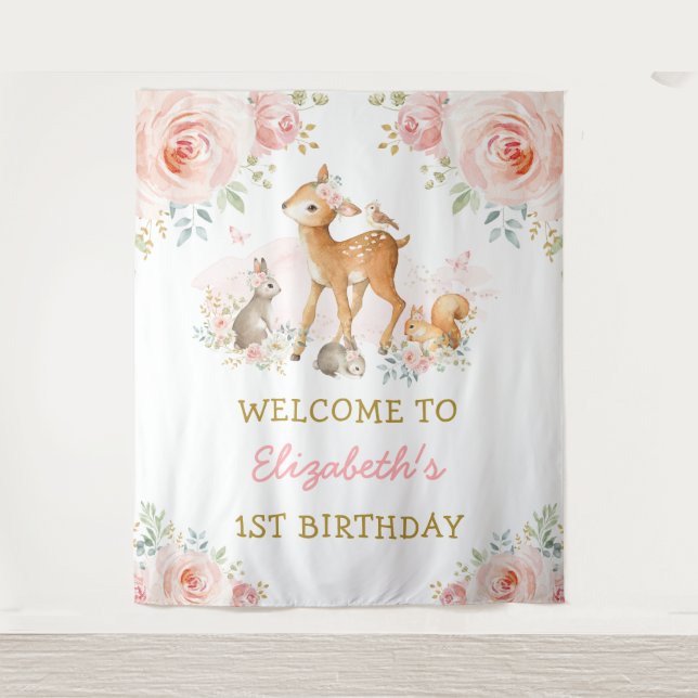 Blush Floral Woodland Animals 1st Birthday Welcome Tapestry (Front)