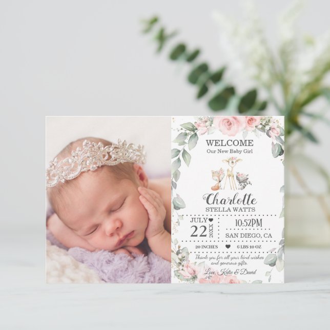 Blush Floral Woodland Animals New Baby Photo Birth Announcement (Standing Front)