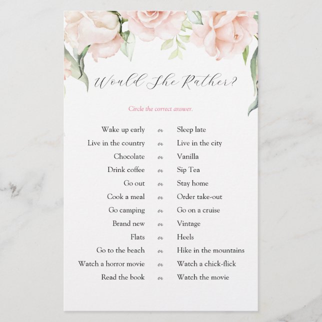 Blush Floral Would She Rather Bridal Shower Game (Front)