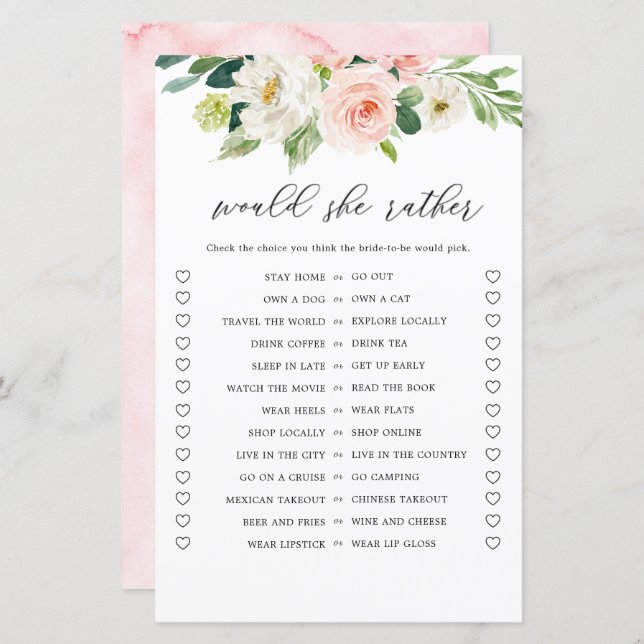 Blush Floral Would She Rather Bridal Shower Game  (Front/Back)