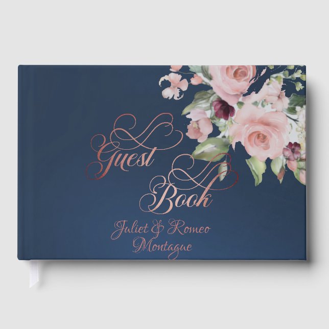 Blush Floral & Wreath - Blue/Rose Gold Guest Book (Front)