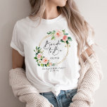 Blush Floral Wreath Bride To Be T-Shirt<br><div class="desc">Looking for the perfect bridal party t-shirt collection? Look no further than our beautiful blush floral wreath collection. Featuring chic calligraphy font writing that reads "Bride To Be" with the bridesmaids' names personalised on each shirt. Our collection is perfect for your bridesmaids' hen party, with space for the date and...</div>