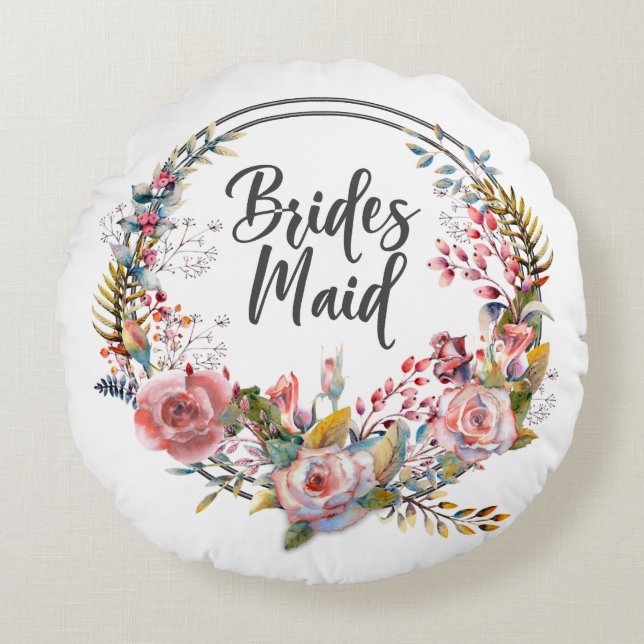 Blush Floral Wreath Bridesmaid Round Throw Pillow (Front)