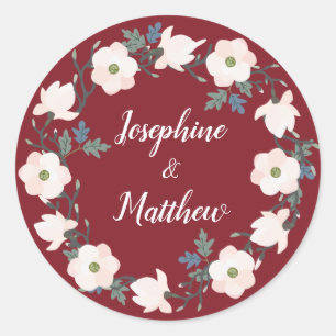 Blush Floral Wreath Burgundy Personalised Wedding Classic Round Sticker