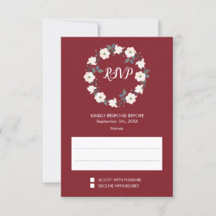 Blush Floral Wreath Burgundy Wedding RSVP Card