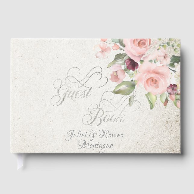Blush Floral & Wreath - Cream/Silver Guest Book (Front)