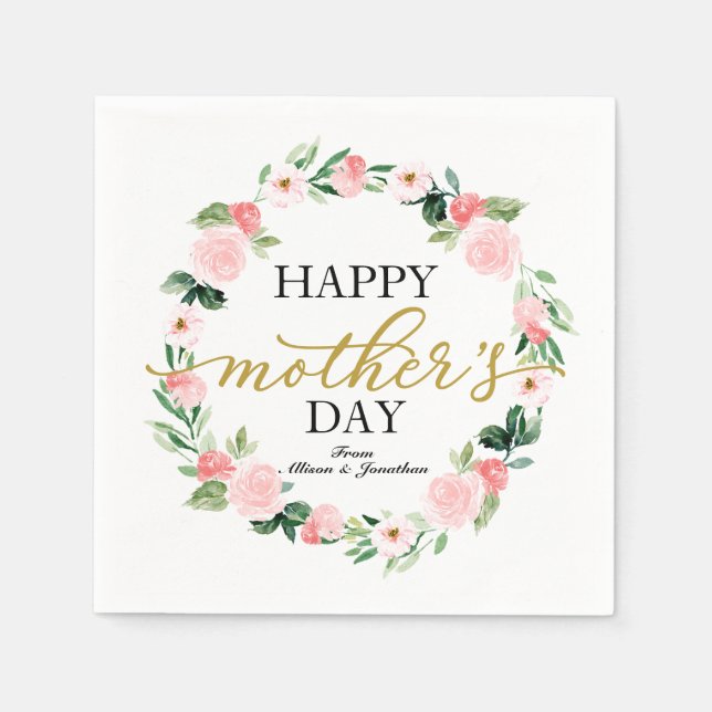 Blush Floral Wreath Happy Mothers Day Napkin (Front)