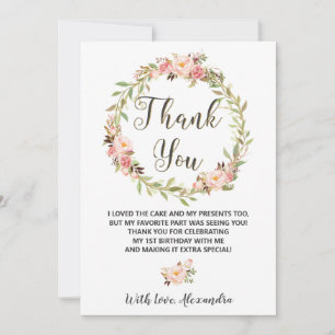 Blush Floral Wreath ONE 1st Birthday Chic Thank You Card