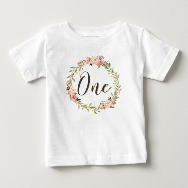 Blush Floral Wreath ONE 1st Birthday Girl Chic Baby T-Shirt (Front)