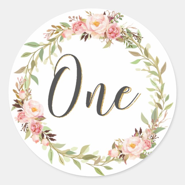 Blush Floral Wreath ONE 1st Birthday Girl Chic Classic Round Sticker (Front)