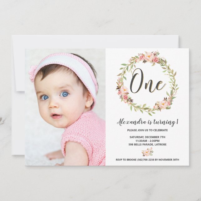 Blush Floral Wreath ONE 1st Birthday Girl Photo Invitation (Front)
