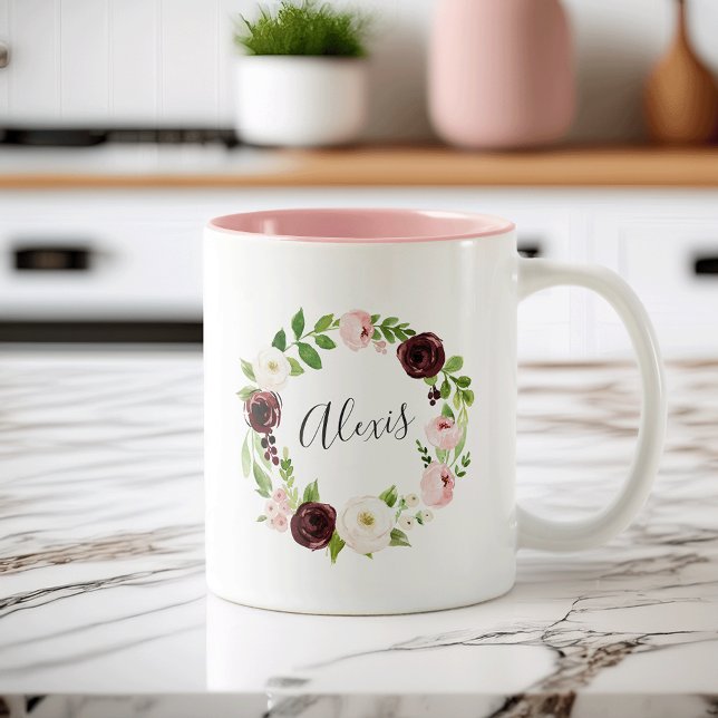 Blush Floral Wreath Personalised Two-Tone Coffee Mug (Creator Uploaded)