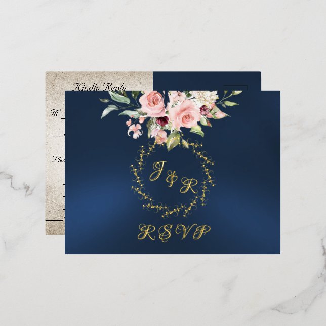 Blush Floral & Wreath RSVP - Blue Foil Invitation Postcard (Front/Back)