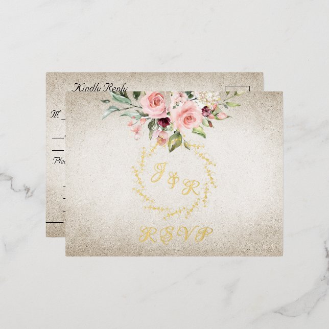 Blush Floral & Wreath RSVP - Cream Foil Invitation Postcard (Front/Back)