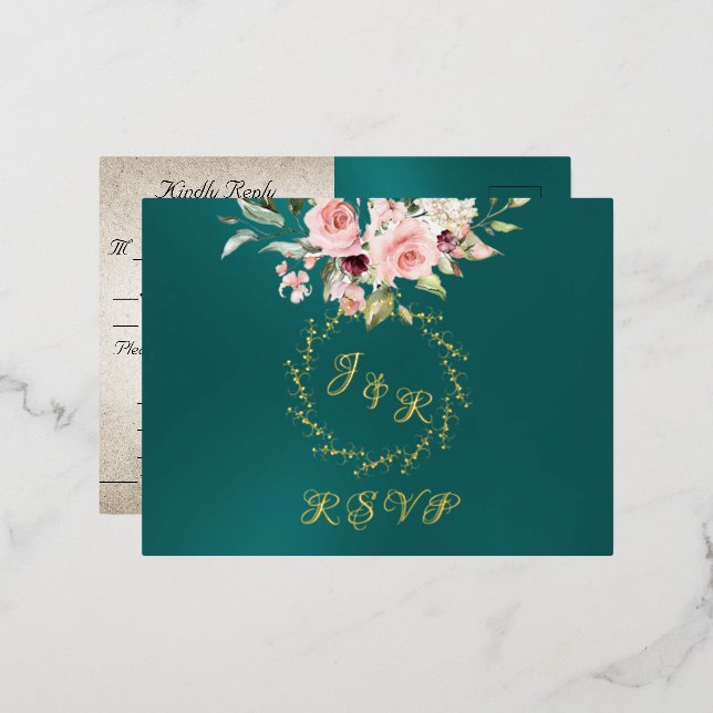 Blush Floral & Wreath RSVP - Teal Foil Invitation Postcard (Front/Back)