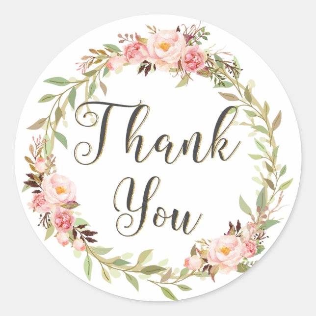 Blush Floral Wreath thank You Wedding Birthday Classic Round Sticker (Front)