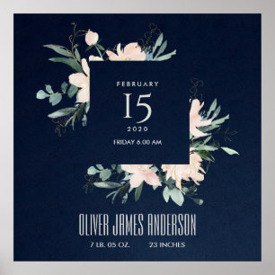 BLUSH FLORAL WREATH WATERCOLOR BABY BIRTH STATS POSTER