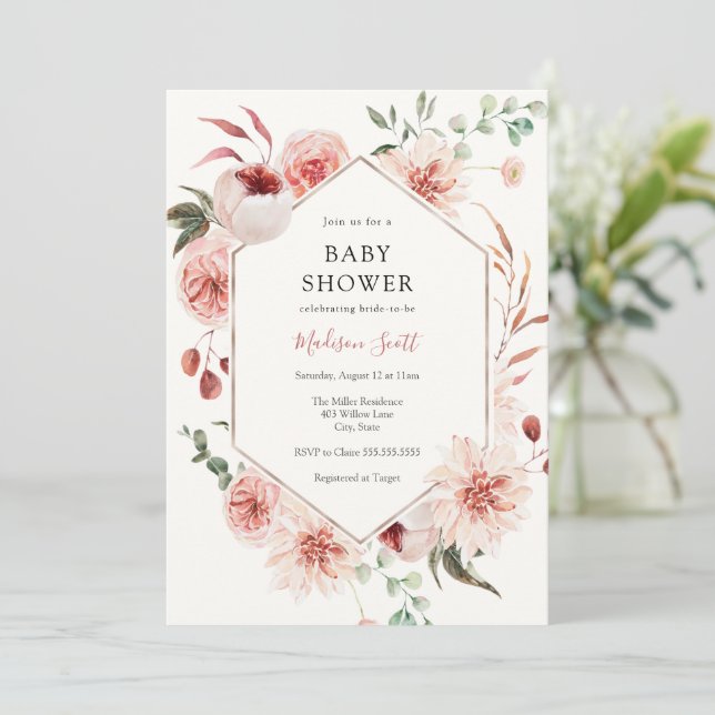 Blush Florals and Greenery Frame Baby Shower Invitation (Standing Front)