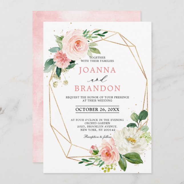 Blush Florals Gold Modern Geometric Frame Wedding Invitation (Front/Back)