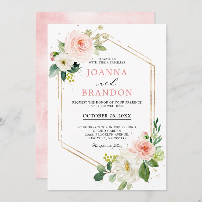 Blush Florals Gold Modern Geometric Frame Wedding Invitation (Front/Back)