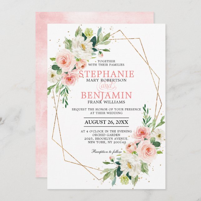Blush Florals Gold Modern Geometric Frame Wedding Invitation (Front/Back)