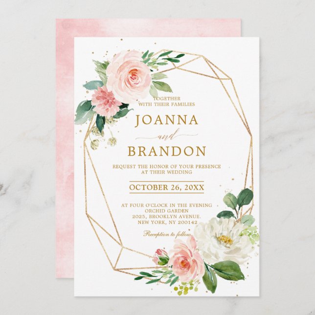 Blush Florals Gold Modern Geometric Frame Wedding Invitation (Front/Back)