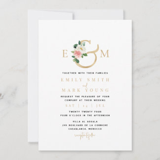 Blush Florals & Gold, Monogram Wedding Invitation