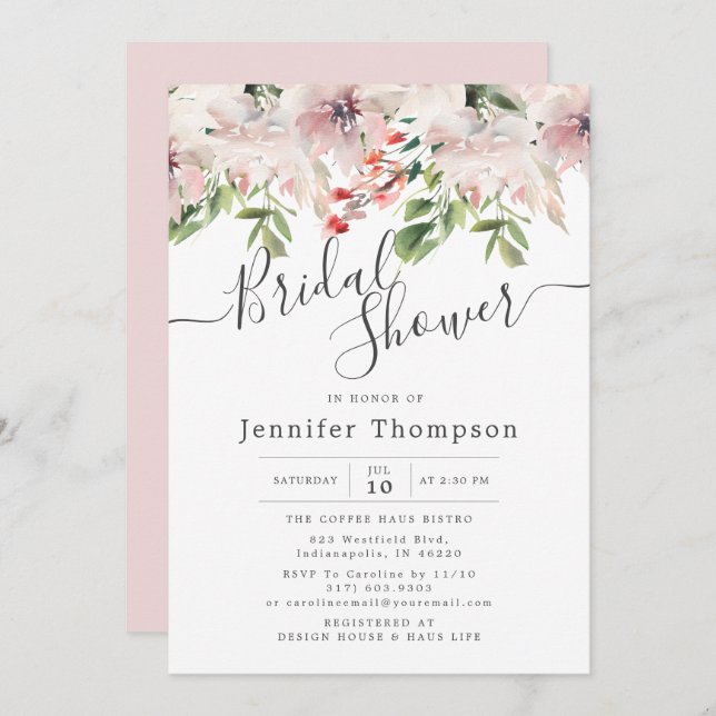 Blush Florals & Greenery Watercolor Bridal Shower Invitation (Front/Back)