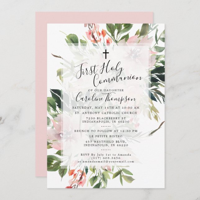Blush Florals Greenery Watercolor First Communion Invitation (Front/Back)