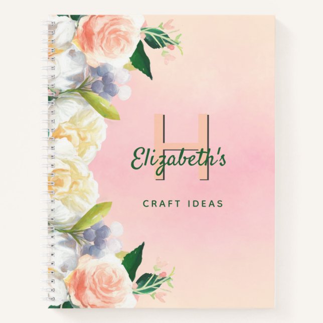 Blush florals monogram craft ideas notebook (Front)