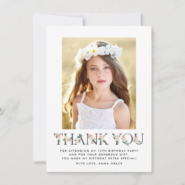 Blush Florals | Photo Birthday Thank You Card (Front)
