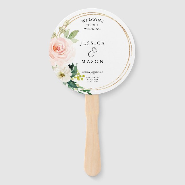Blush Florals Round Gold Wedding Program Fan (Front)
