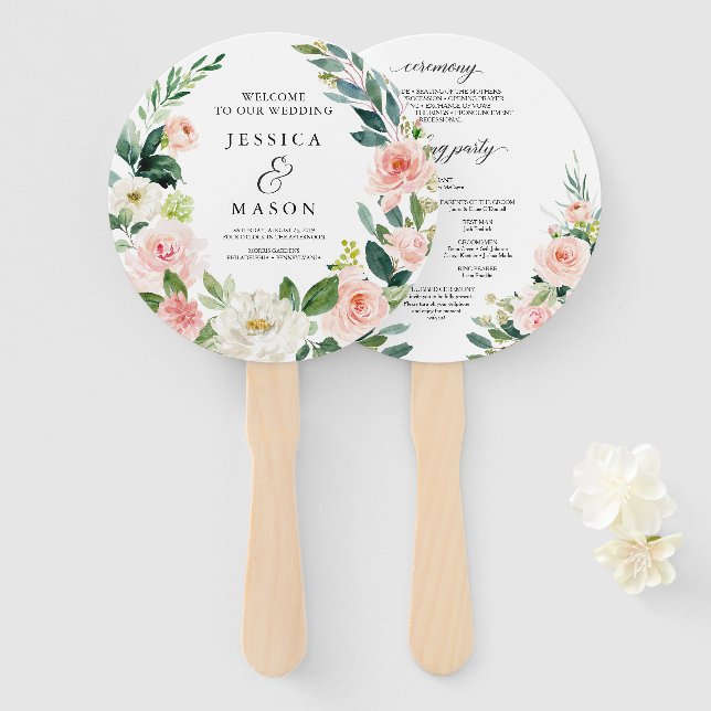 Blush Florals Round Wedding Program Fan (Front and Back)