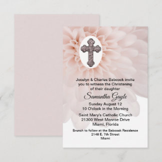Blush Flower and Cross Baby Christening Invitation